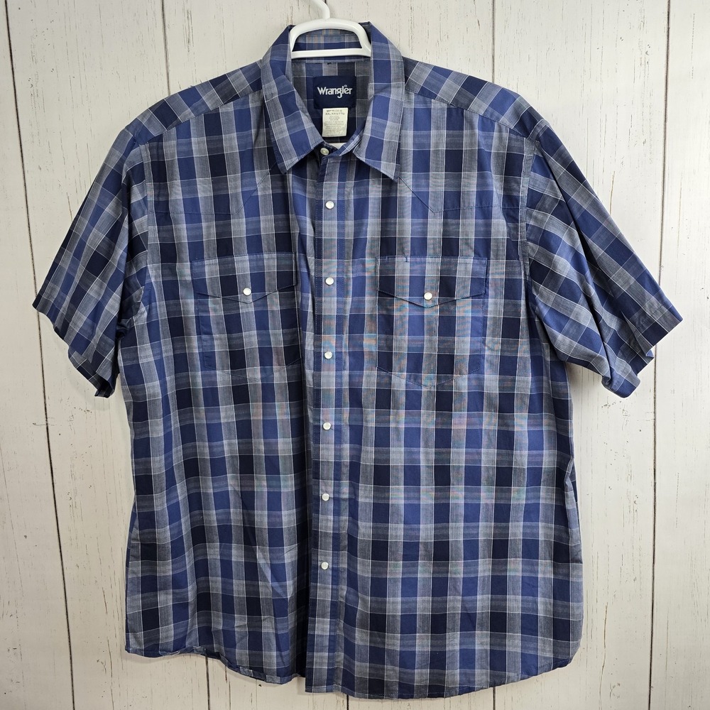 Wrangler Mens XXL Blue Plaid Pearl Snap Button Up Short Sleeve Shirt Western